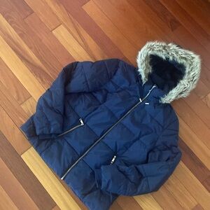 Navy Blue Puffer Jacket Size extra Large with Fur hood Simply Styled by …
